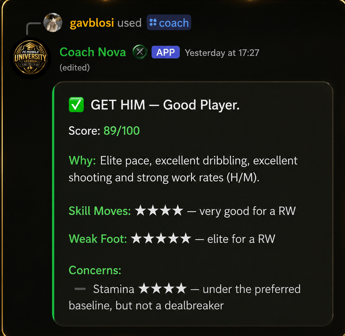 Coach Nova — 89/100 Player Score — Authentic evidence